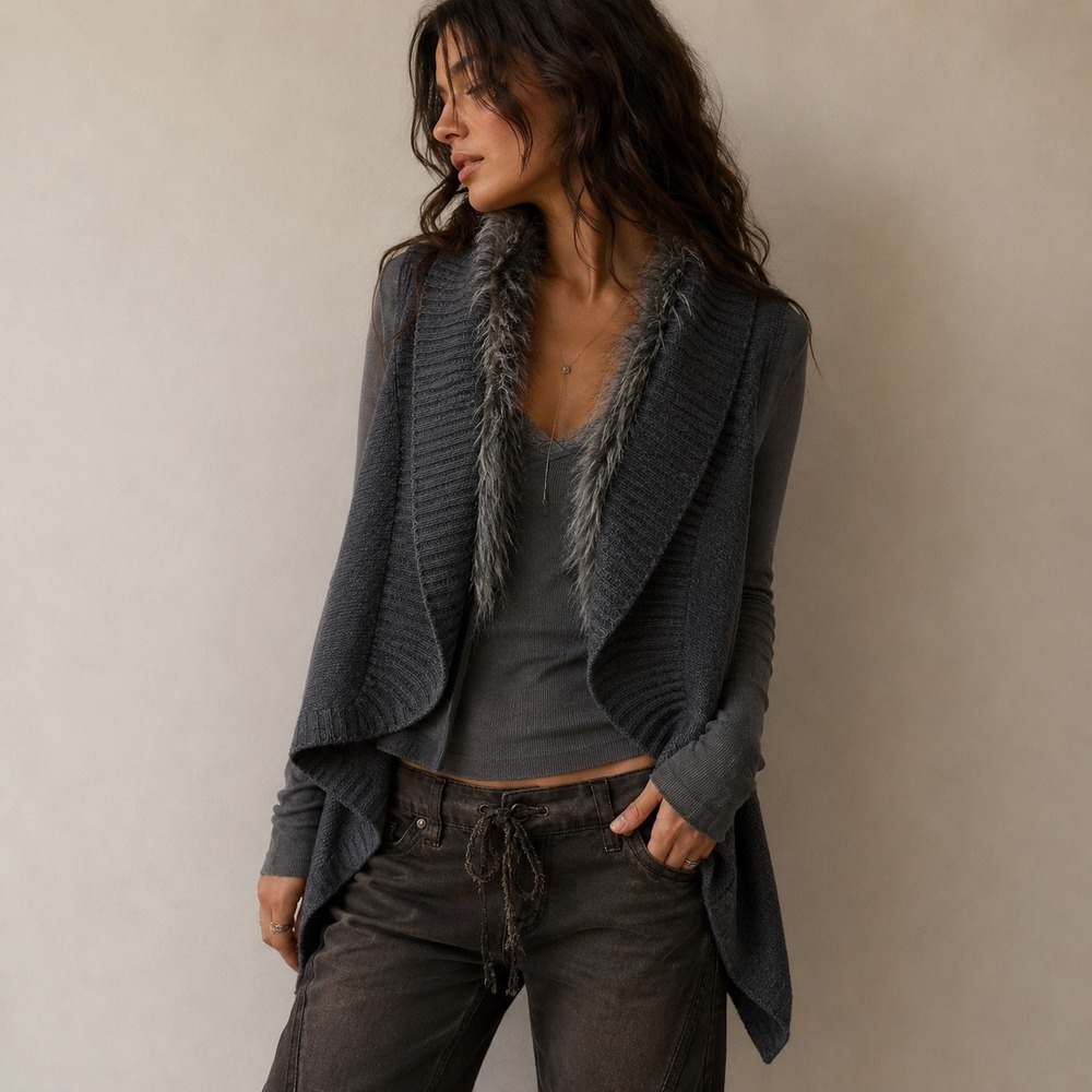 Sweater Project Gray Faux Fur Vest Large‎ Luxe Boho Festival Streetwear Winter